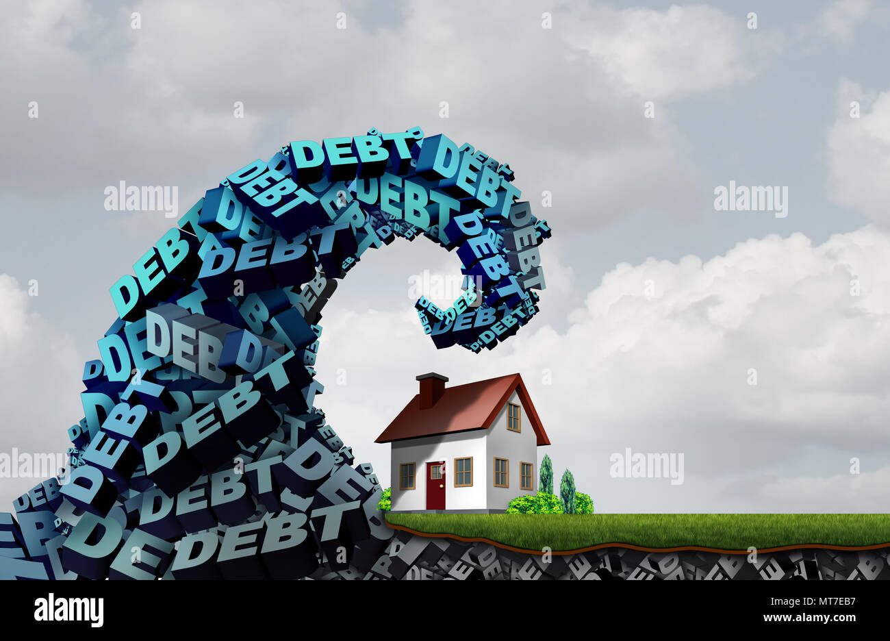 La deuda de la casa de las finanzas del hogar y problemas de crédito desafío económico y costes de residencia familiar como una ilustración 3D. Foto de stock