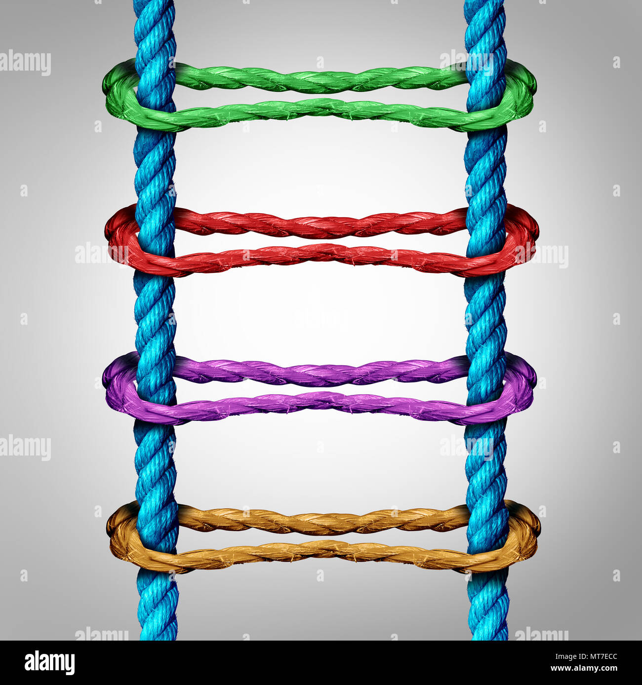 La escalera central de conexión como un concepto de negocio de la red como un grupo diverso de cuerdas conectados a cables paralelos como una metáfora para la conectividad. Foto de stock