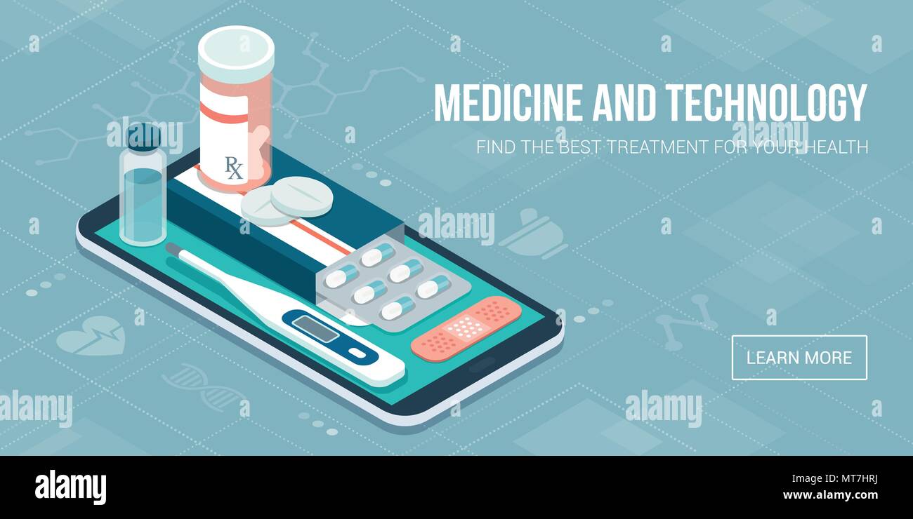 La medicina, la salud y la terapia app: medicamentos recetados, primeros auxilios y equipos de diagnóstico médico en un smartphone con iconos Ilustración del Vector