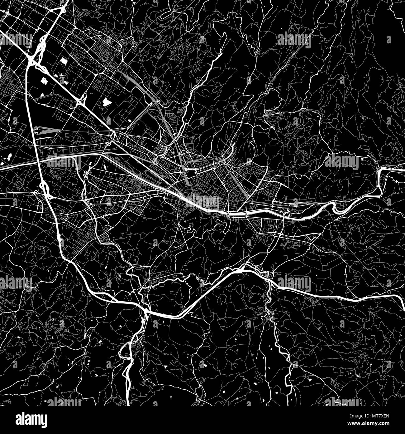 Mapa de la zona de Florencia, Italia. Fondo oscuro versión para infografía y proyectos de comercialización. Este mapa de Florencia, Toscana, contiene hitos típicos Ilustración del Vector