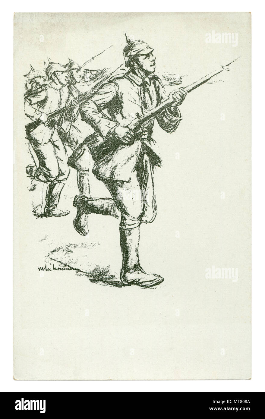 German Historical postal: dibujo a lápiz en blanco y negro. Los soldados se  dirigen hacia el ataque con un rifle con una bayoneta. El ejército a la  ofensiva Fotografía de stock -