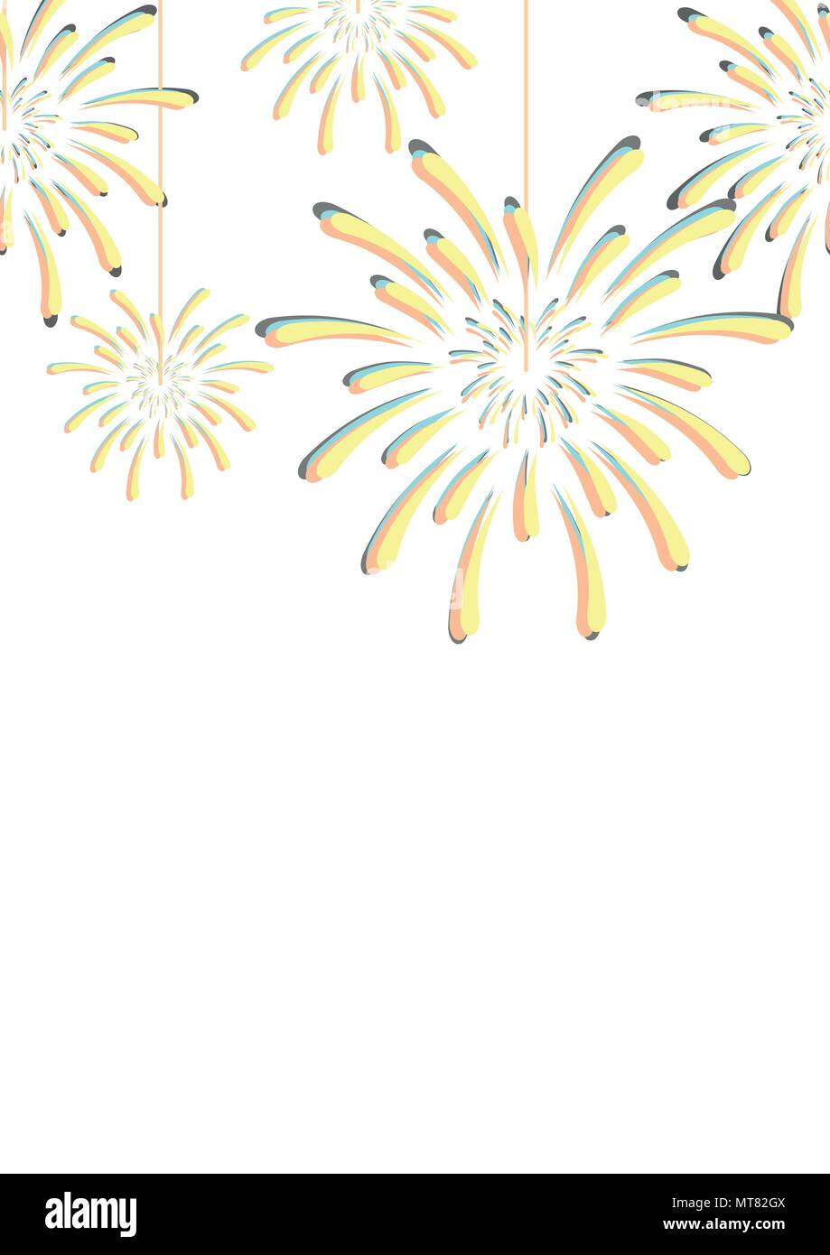 Fireworks cuelgan desde arriba sobre fondo blanco. Diseño de fondo de la trama perfecta en el borde vertical para la celebración de eventos en ilustración vectorial. Ilustración del Vector