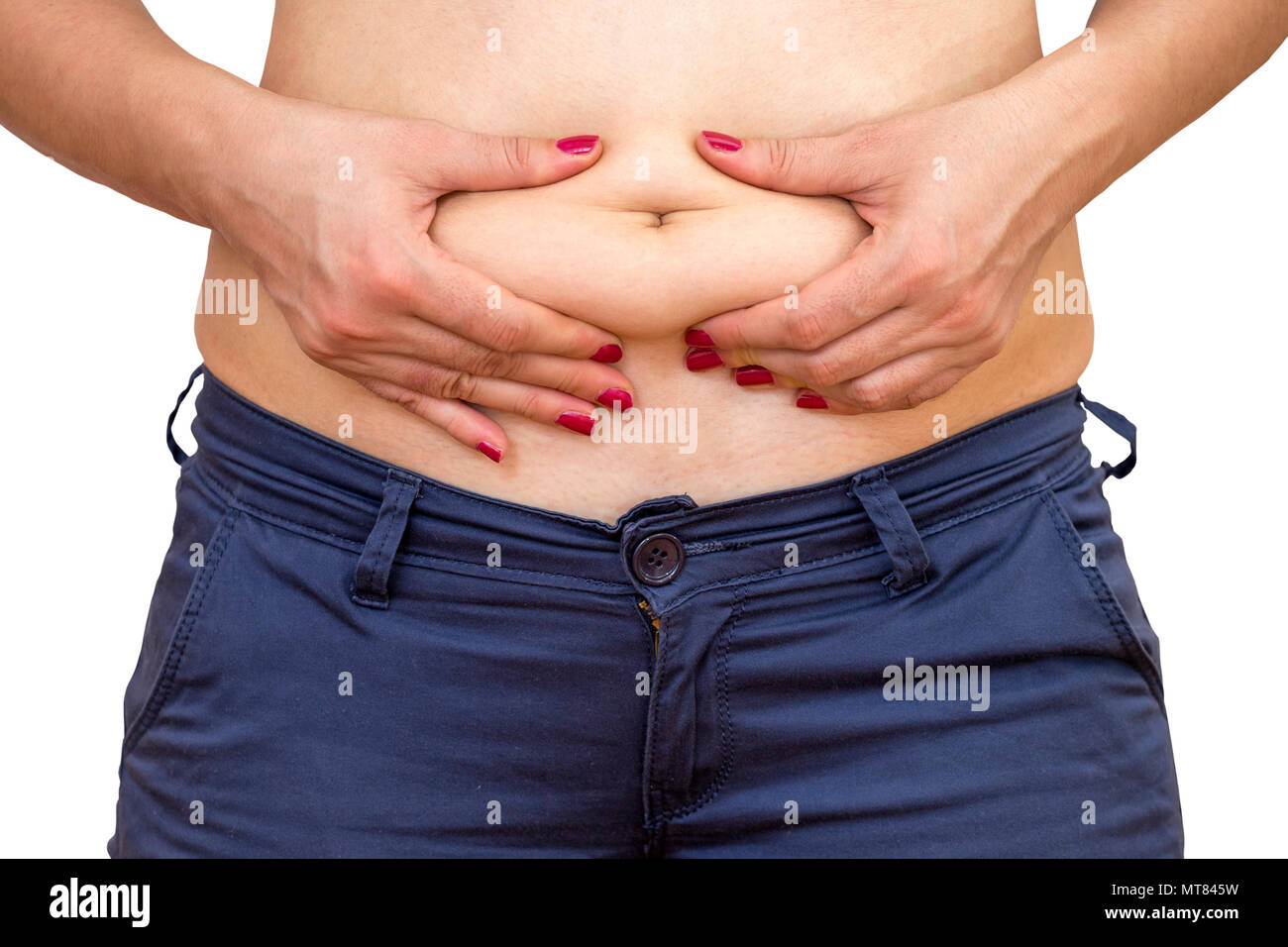 Mujer manos sosteniendo la grasa del vientre. Medición de mujeres obesas,  aislado en blanco. Resumen: La grasa corporal y barriga Fotografía de stock  - Alamy