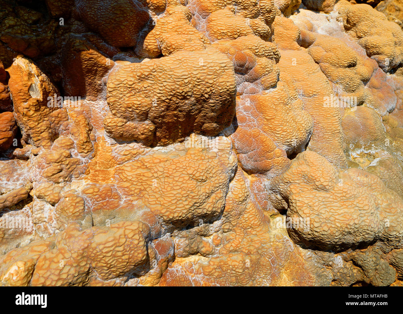 Cerca. Piedras cubiertos con muelle de radón natural de sedimentos. Hermosa textura en amarillo, rojo y verde, colores. Foto de stock