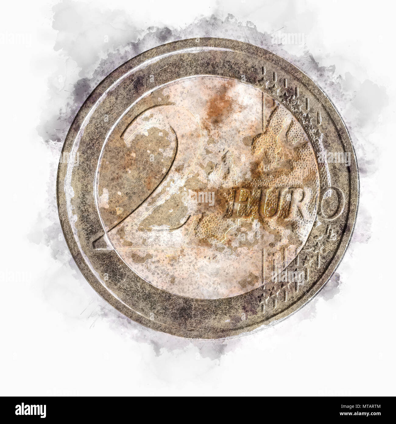 Imagen mejorada digitalmente de una de oro y dos de plata monedas de euro Foto de stock