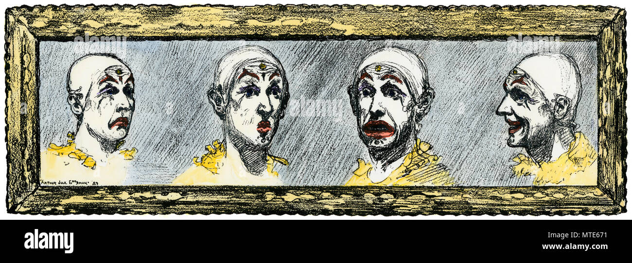 Cuatro expresiones faciales de un payaso de circo, de 1800. Xilografía coloreada a mano Foto de stock