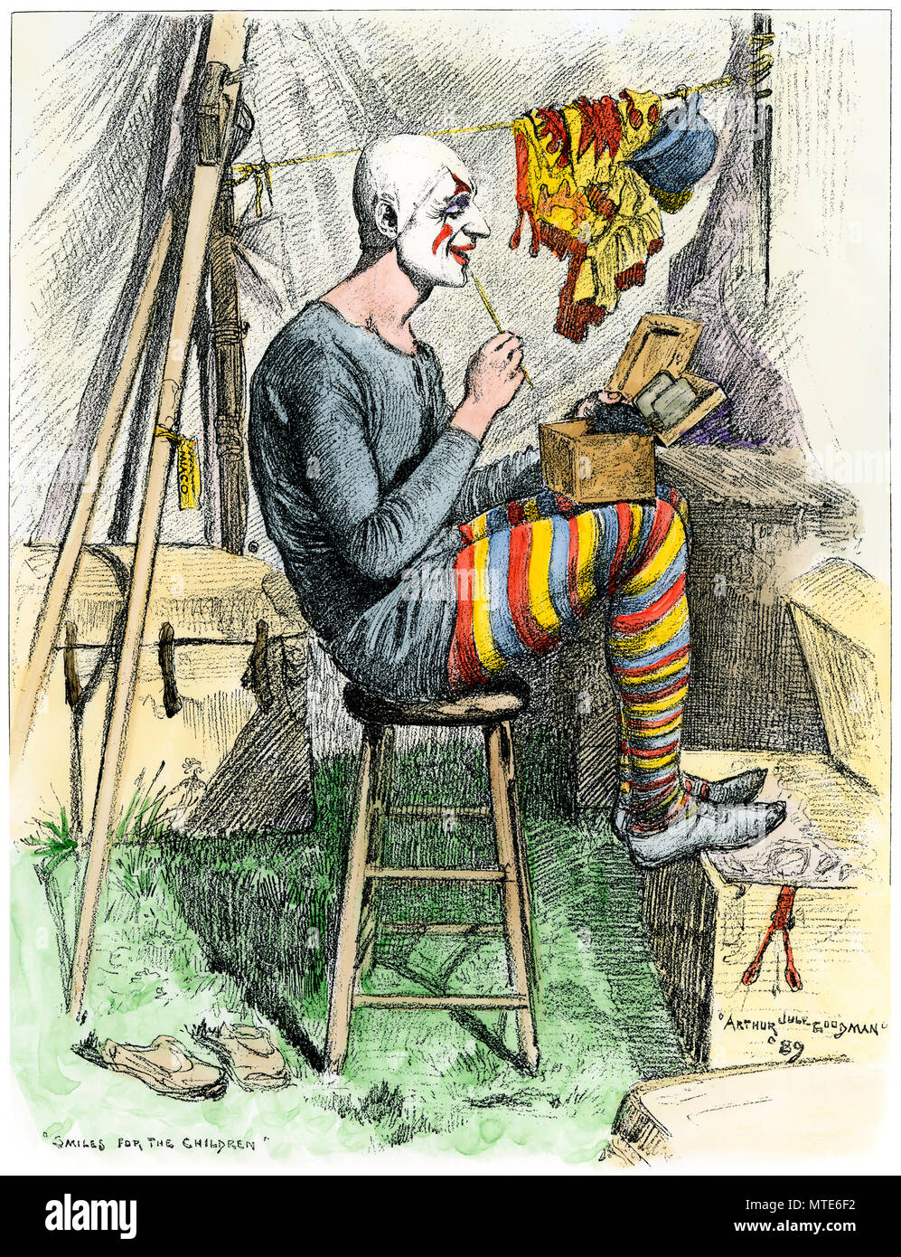 Payaso de circo pintar su cara en su tienda antes de un espectáculo, 1800. Xilografía coloreada a mano Foto de stock
