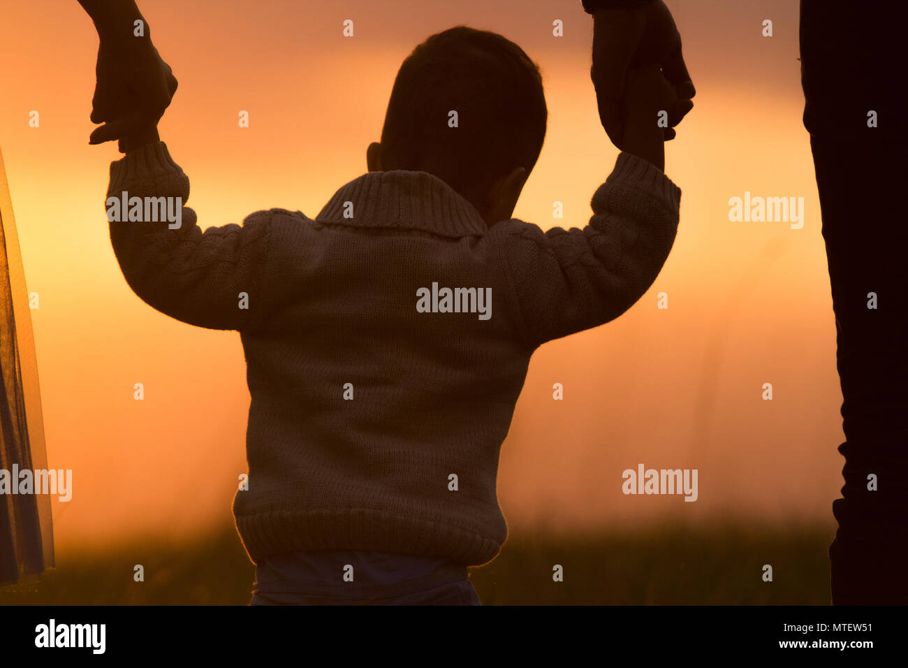 Papa Y Mama Elevar Al Bebe En El Aire La Familia Tiene La Diversion Silueta Fotografia De Stock Alamy