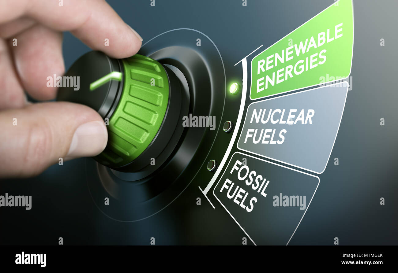 Hombre girando un botón para cambiar la transición energética de los combustibles fósiles a las energías renovables. Imagen compuesta entre una mano y una fotografía 3D backgro Foto de stock