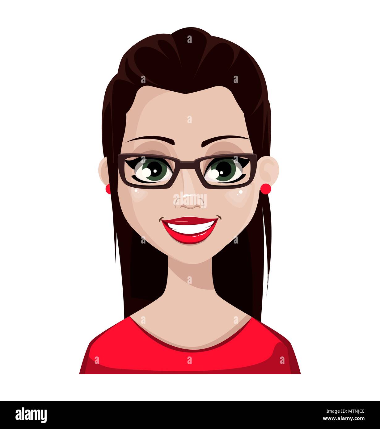 Expresión de cara de mujer hermosa morenita de gafas y una blusa roja. Las emociones femeninas. Sonriente personaje de dibujos animados. Ilustración vectorial aislado en whi Imagen Vector de stock - Alamy Expresión de cara de mujer hermosa morenita de gafas y una blusa roja. Las emociones femeninas. Sonriente personaje de dibujos animados. Ilustración vectorial aislado en whi Imagen Vector de stock - Alamy