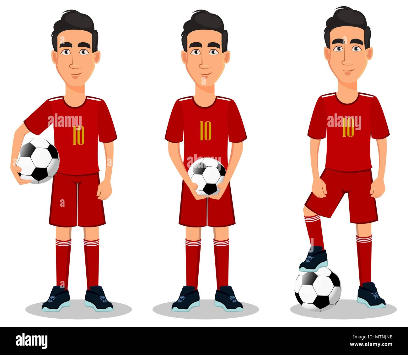Jugador de fútbol en rojo uniforme, conjunto de tres poses. Guapo personaje  de dibujos animados con una pelota de fútbol. Ilustración vectorial sobre  fondo blanco Imagen Vector de stock - Alamy