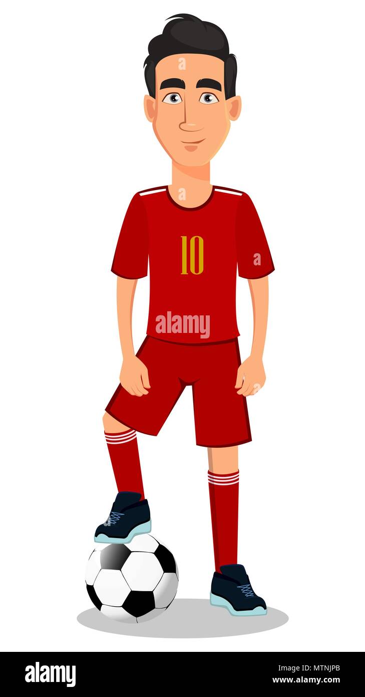 Jugador de fútbol en rojo uniforme. Guapo personaje de dibujos animados con  una pelota de fútbol. Ilustración vectorial sobre fondo blanco Imagen  Vector de stock - Alamy