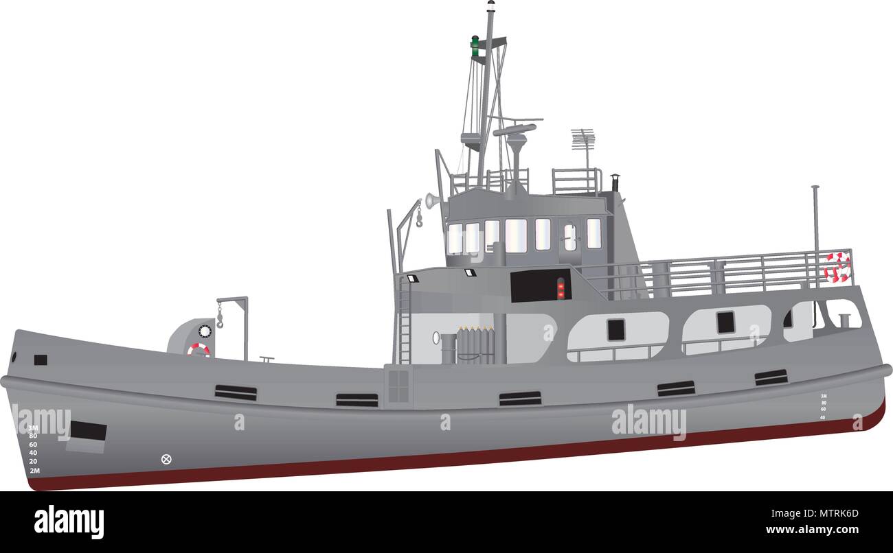 Una ilustración detallada de un buque de apoyo a la Marina equipado para el buceo y salvamento con librea gris y rojo óxido boot topping y una matriz de radar Ilustración del Vector