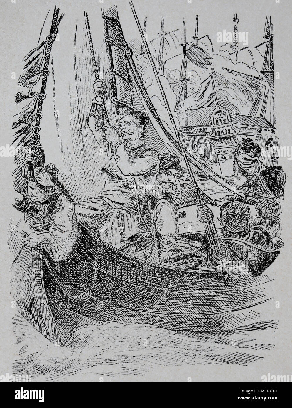 La destrucción de la emblemática otomano en Chios por el almirante C. Kanaris(1795-1877), 1822. Guerra de Independencia griega . Foto de stock