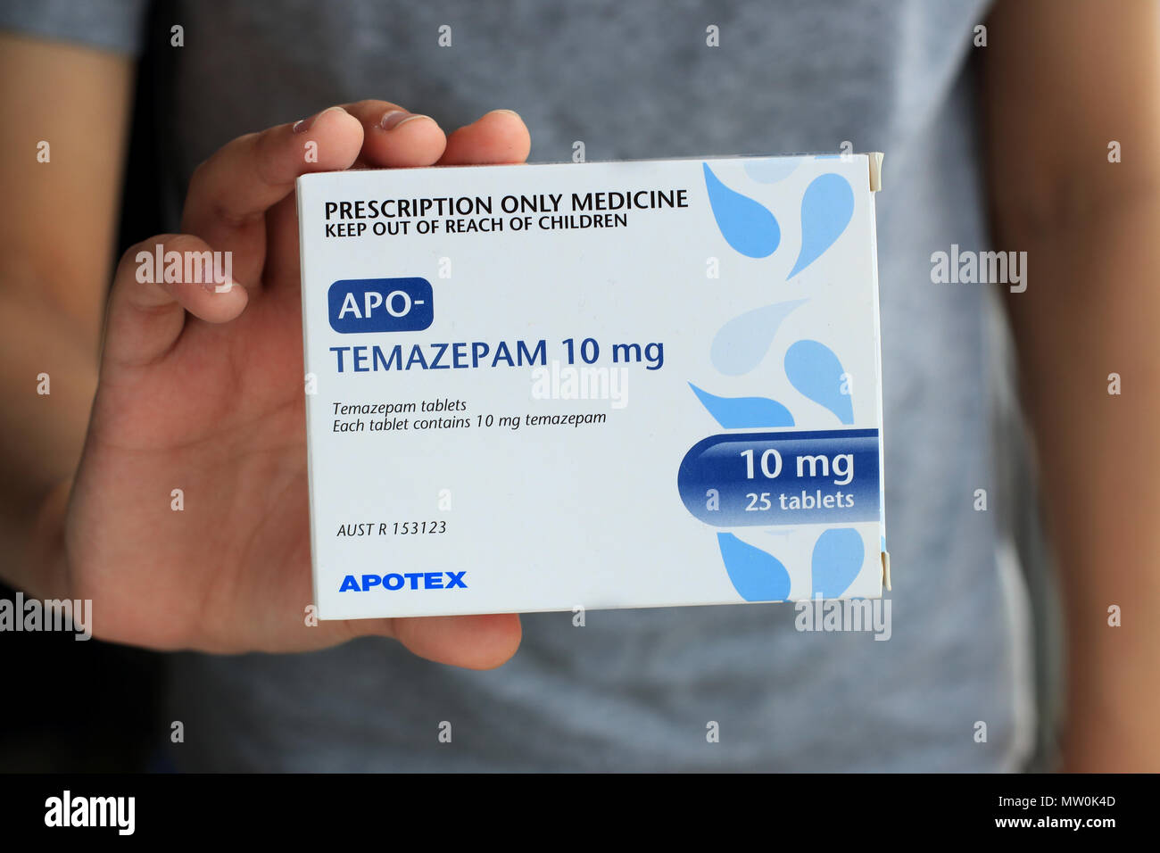 Cerca de mano sosteniendo un cuadro de Temazepam medicamentos en mano Foto de stock