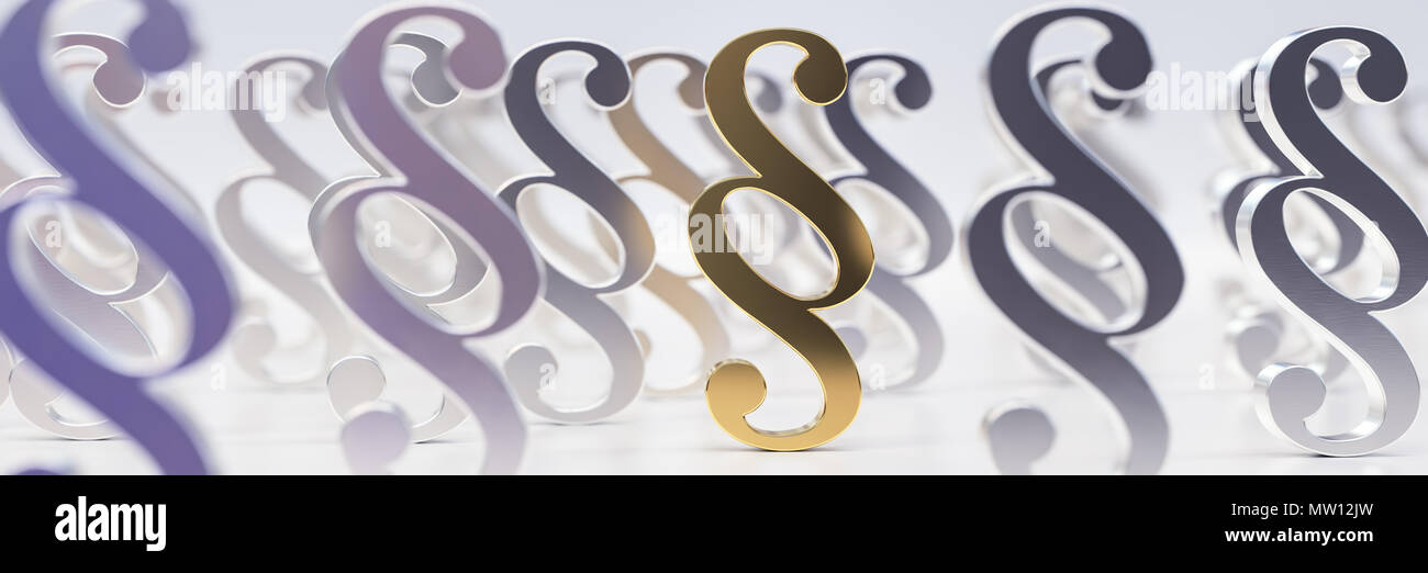La justicia y la ley concepto con plata y oro, símbolos de párrafo aislado en blanco - 3D Rendering Foto de stock