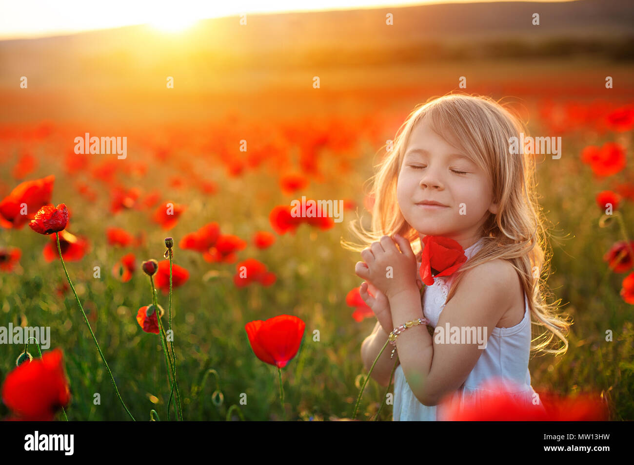 Niña soñando en el parque. Adorable niña chica abraza una flor de adormidera. Niño y flores, verano, naturaleza y diversión. Vacaciones de verano. Foto de stock