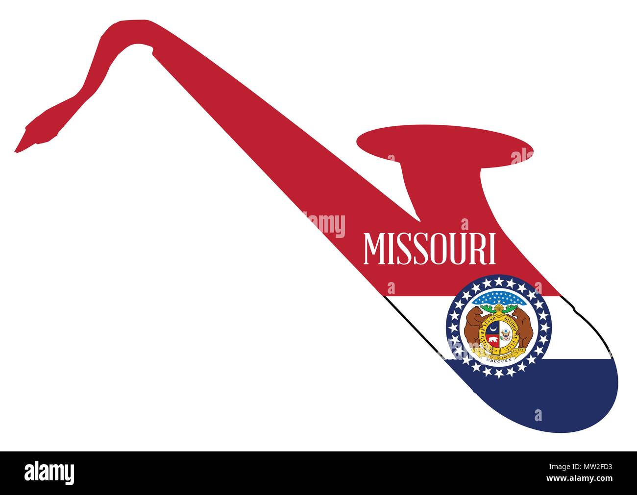 Silueta de un saxofón con una impresión de la bandera de los EE.UU. Estado de Missouri sobre un fondo blanco. Ilustración del Vector