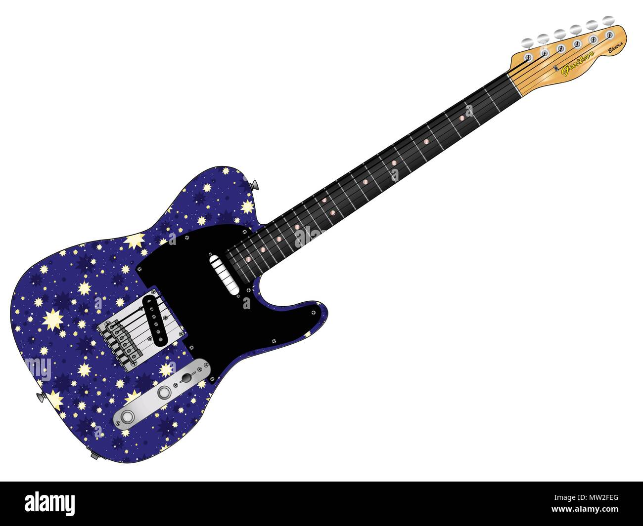 Una vieja guitarra pintada con un stary night backgrouns todos sobre un fondo blanco. Ilustración del Vector