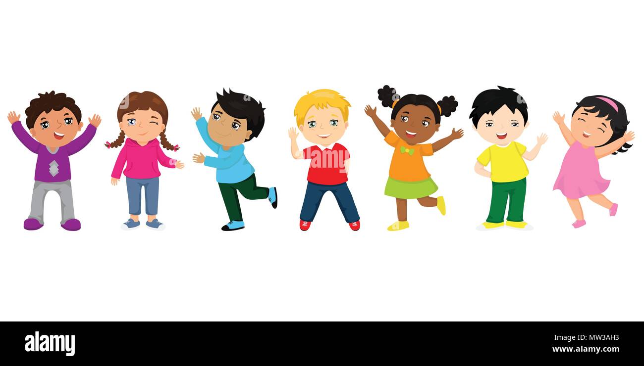 Grupo de niños felices de dibujos animados. Funny kids de razas diferentes  con distintos peinados. Concepto de amistad Imagen Vector de stock - Alamy