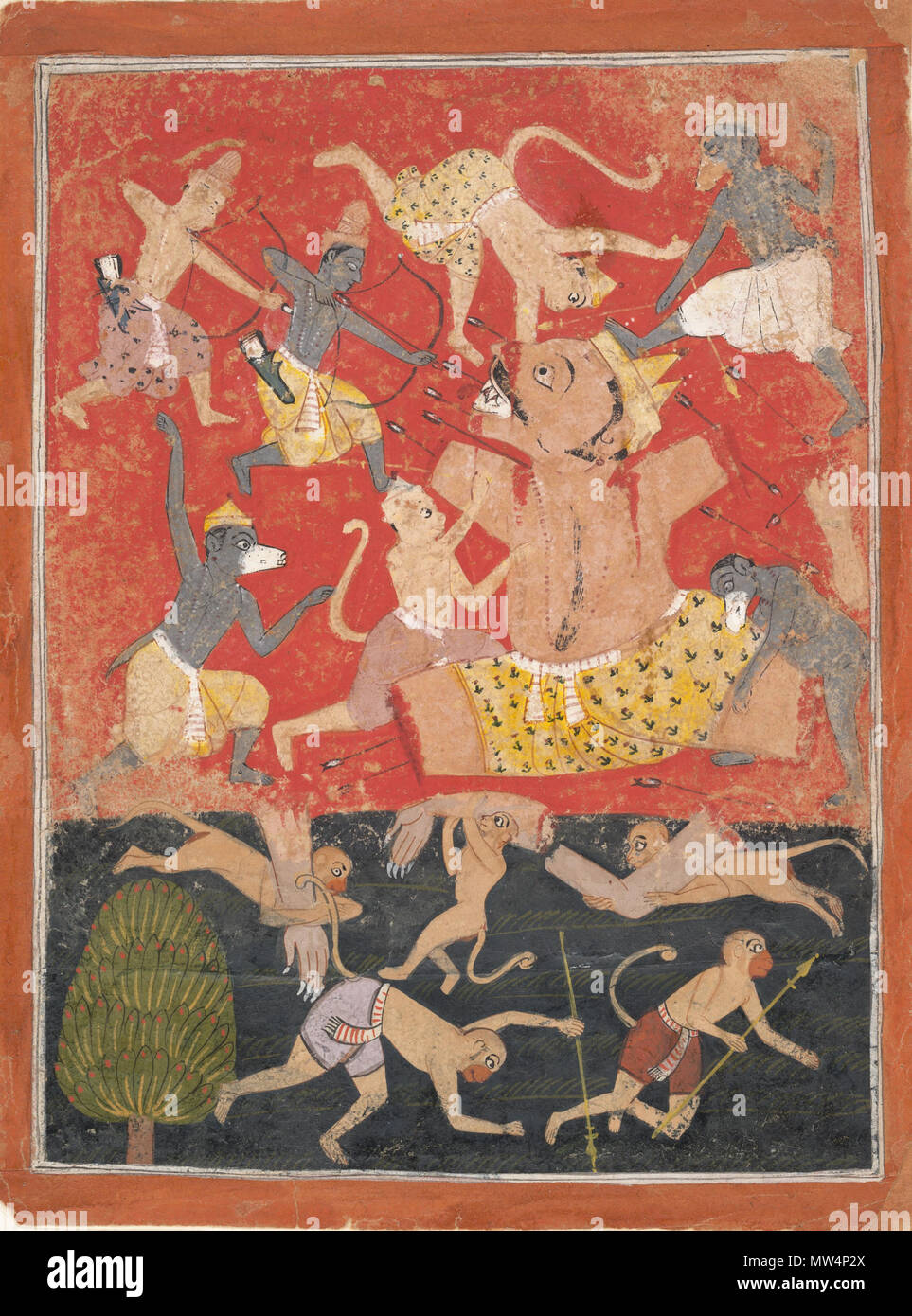 . Inglés: Según el Ramayana, Kumbhakarna gigante, la aterradora y hermano de Ravana, está causando un gran daño al ejército de mono cuando Rama y Lakshmana entró en la batalla. Usando las flechas mágicas de gran poder, Rama rompieron las extremidades Kumbhakarna y llenó su boca con ejes de acero puntiagudo. El pathos de la derrota del demonio es destacado por su cuerpo desmembrado siendo arrastrado por el oso, el mono y guerreros. En comparación con la representación de Mughal el despertar del demonio Kumbhakarna, que muestra el gigante dormido, esta Malwa retrato se centra en su muerte violenta y sangrienta. Th Foto de stock