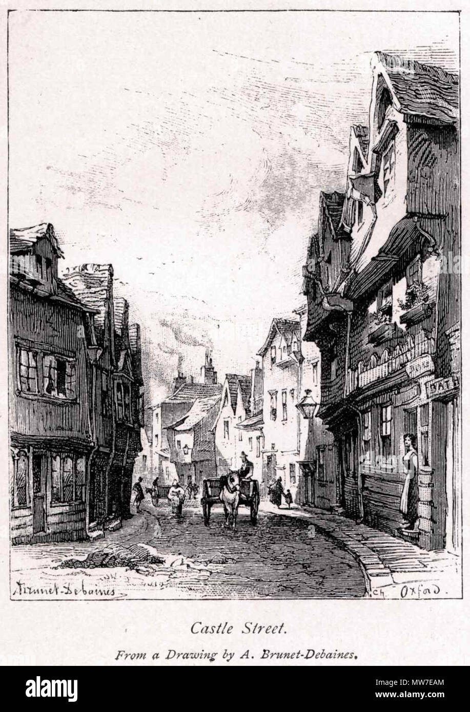 . Inglés: Castle Street en Oxford - Oxford: Breve reseña histórica y notas descriptivas por Andrew Lang, M.A., algún compañero de Merton College, Oxford [1844 - 1912]; Sexta edición, Seely & Co., Ltd., Londres, 1896. 1896. Alfred-Louis Brunet-Debaines (1845-1939) 38 Alfred-Louis Brunet-Debaines00 Foto de stock