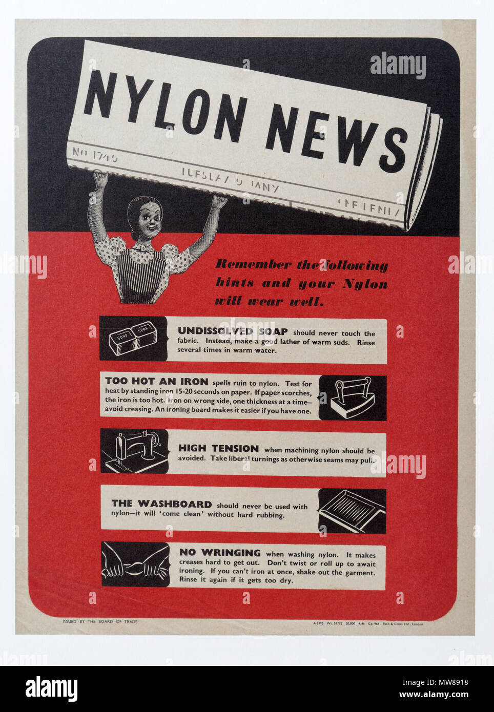 Una segunda guerra mundial póster que muestra a las mujeres cómo cuidar su nylon, nylon fue escaso producto a base de gasolina Foto de stock