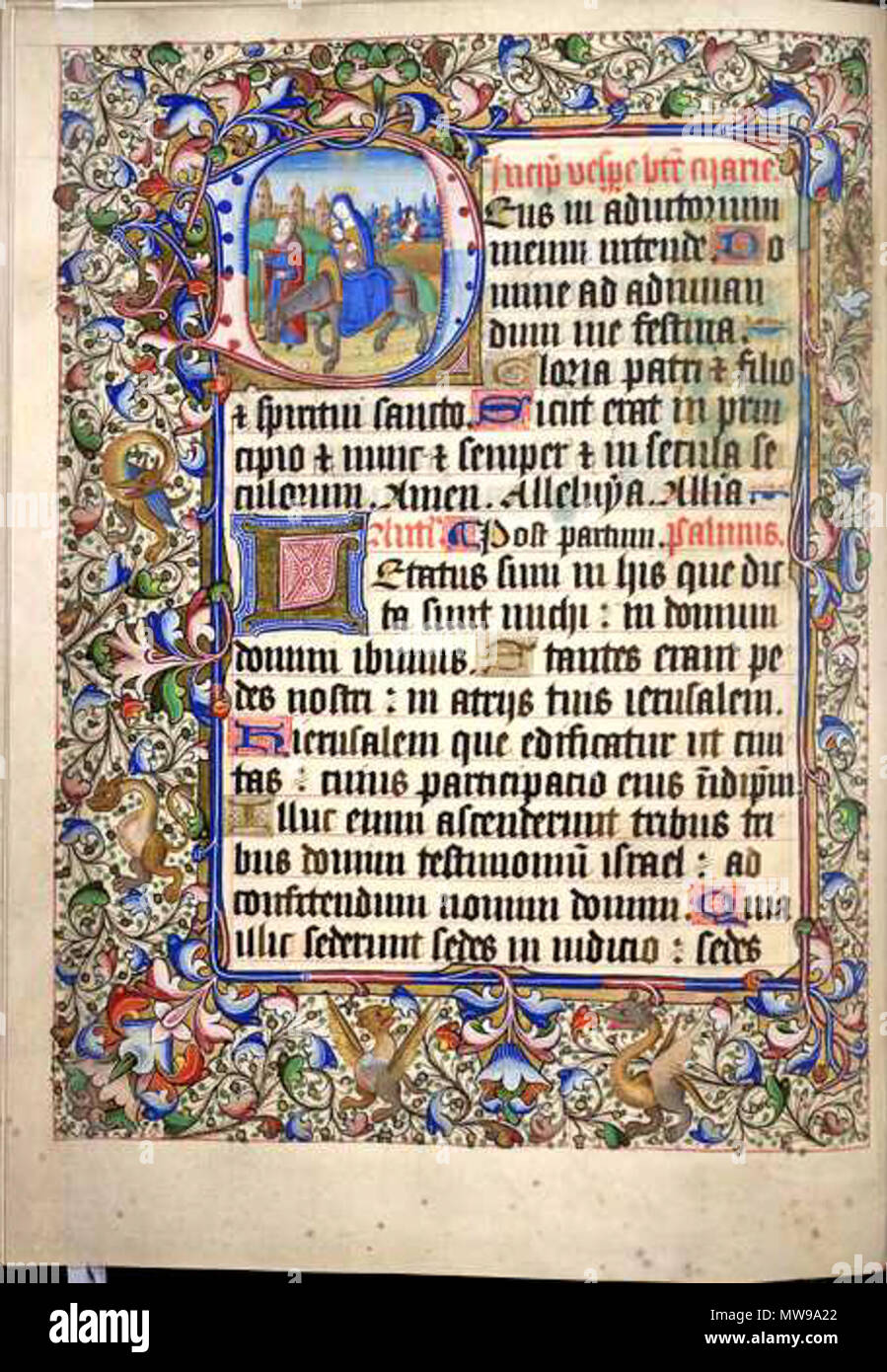 . Folio 45 verso de un Libro de Horas inicial Historated con la Huida a