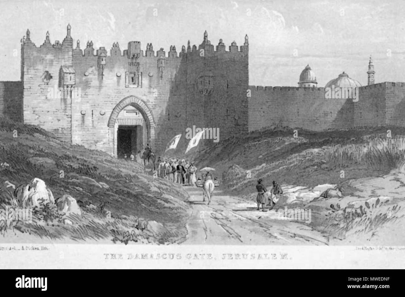 . Inglés: Puerta de Damasco, Jerusalén 1849 . 1849. Williams, George, 1814-1878; Willis, Robert, 1800-1875 314 Puerta de Damasco, Jerusalén 1850 Foto de stock