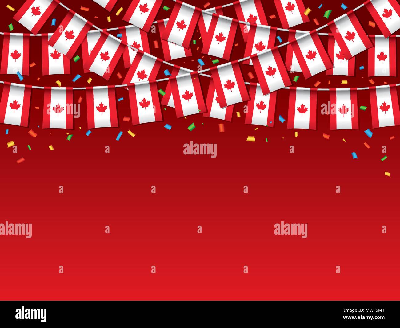 Banderas canadienses garland fondo rojo con confeti, colgando bunting para Canadá el día de la celebración del banner, ilustración vectorial Ilustración del Vector