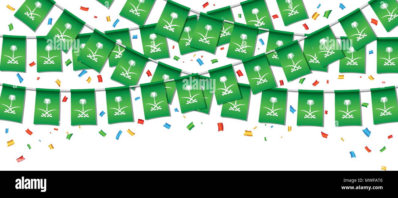 Garland banderas con fondo verde oscuro plantilla, Bunting banderas para la celebración del Día Nacional de Arabia Saudita Banner, ilustración vectorial Ilustración del Vector