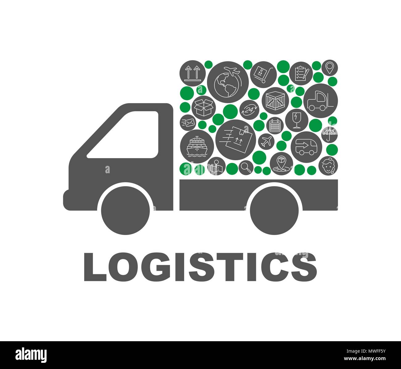 Los círculos de color, iconos planas en un camión de distribución de formas, la entrega, el servicio, el transporte, la logística, el transporte, los conceptos de mercado. Resumen antecedentes con objetos conectados ilustración vectorial Ilustración del Vector