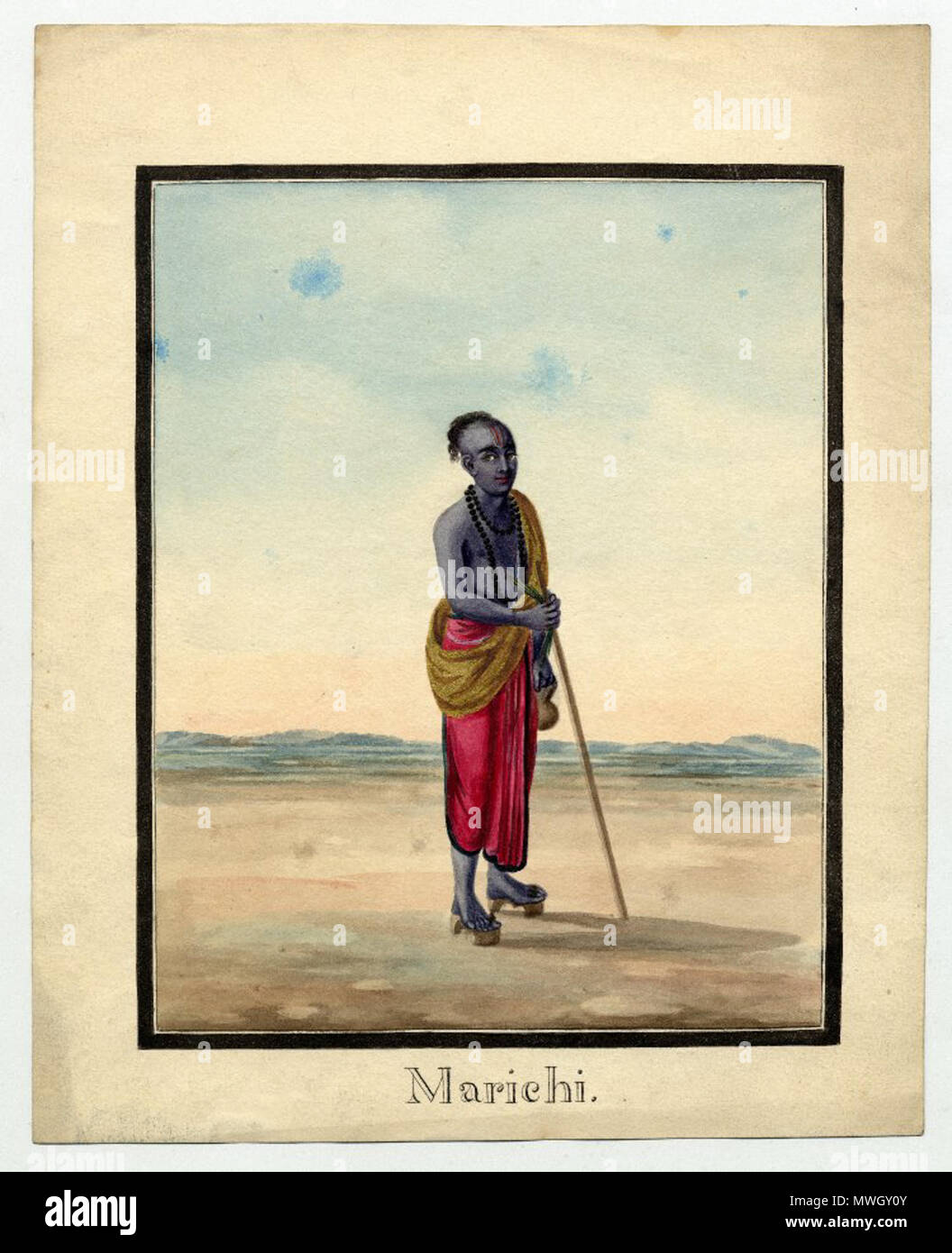Inglés: pintura acuarela sobre papel de Marichi, un Rishi y hijo de Brahma.  Se le muestra de pie en un paisaje llano. Él lleva un dhoti rojo atado con  un mantón