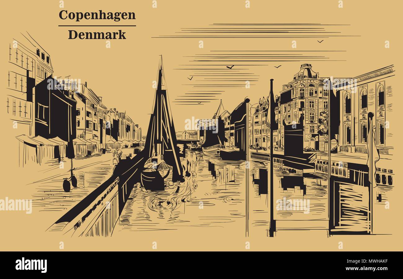 Muelle en Copenhagen, Dinamarca. Hito de Dinamarca. Dibujo a mano ilustración vectorial en color negro aislado sobre fondo marrón. Ilustración del Vector
