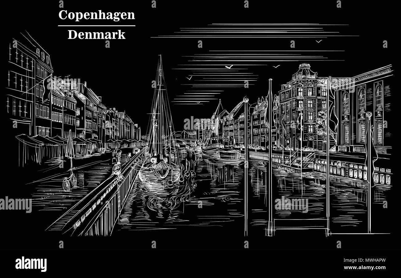 Muelle en Copenhagen, Dinamarca. Hito de Dinamarca. Dibujo a mano ilustración vectorial en aislados de color blanco sobre fondo negro. Ilustración del Vector