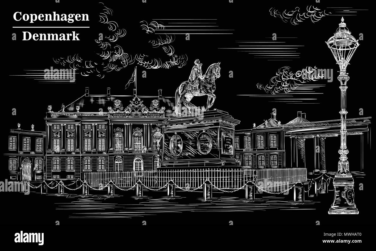 Plaza Amalienborg, en Copenhague, Dinamarca. Hito de Dinamarca. Dibujo a mano ilustración vectorial en aislados de color blanco sobre fondo negro. Ilustración del Vector