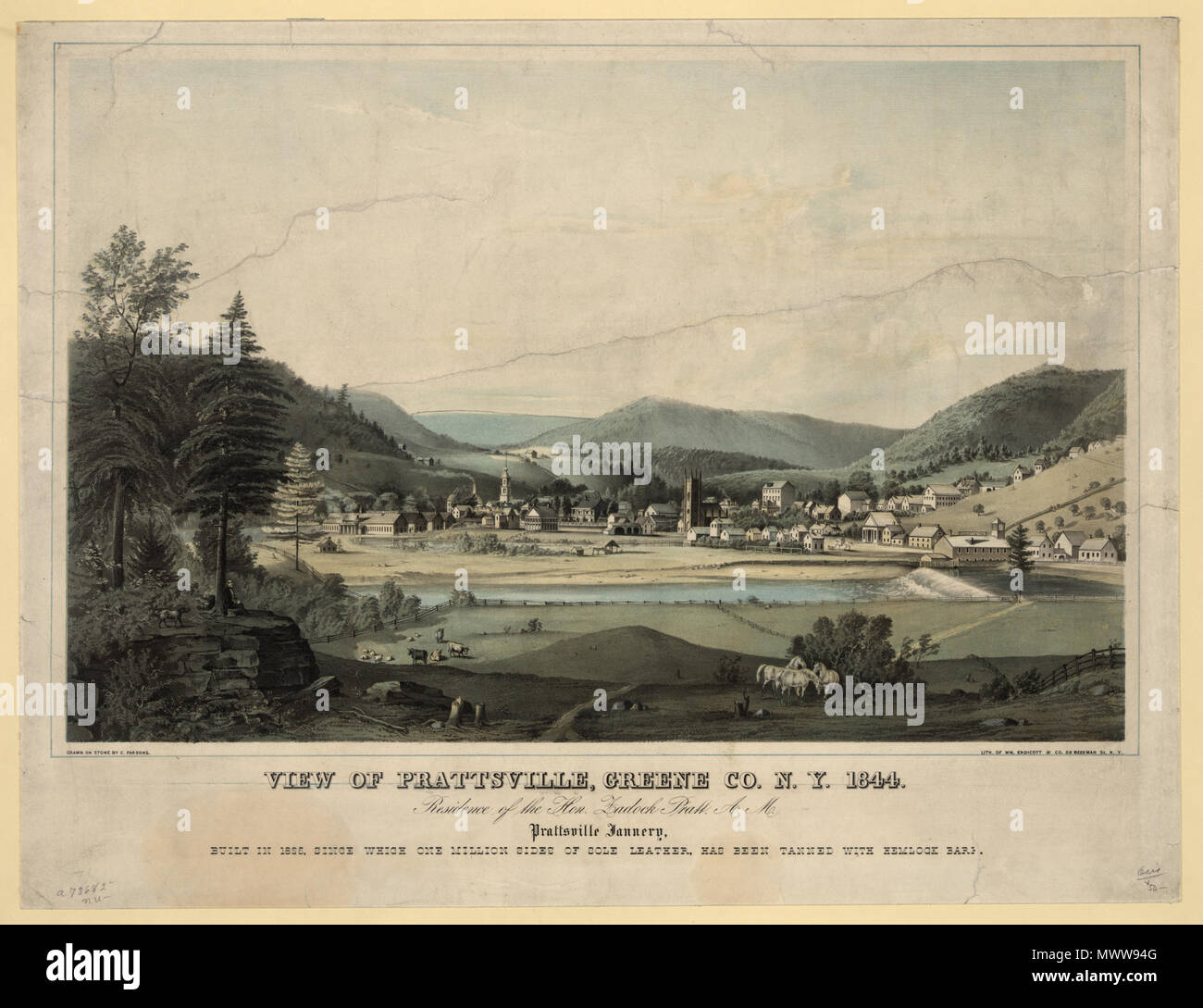 Como Se Dice Dibujo En Inglés Inglés: un dibujo y litografía de Prattsville desde 1844. El texto debajo  del dibujo dice: VISTA DE PRATTSVILLE, Greene Co. N. Y. 1844. Presidencia  del Honorable Zadock Pratt. A. M. Prattsville