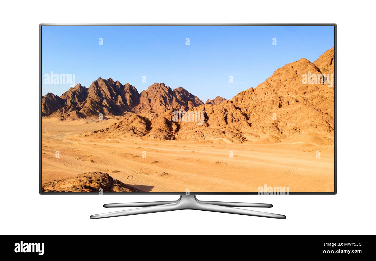 La moderna TV inteligente con paisaje de montaña en la pantalla Foto de stock