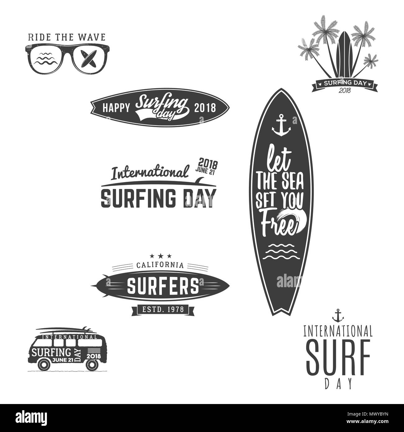 Vintage Surfing Graphics y emblemas para diseño web o impresión. Surfer