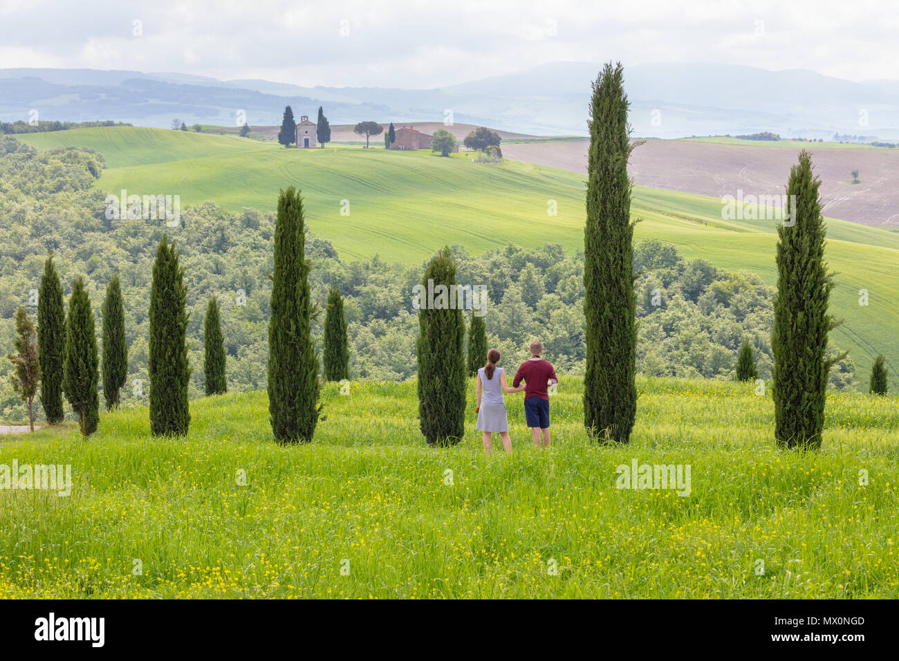 San Quirico, Toscana, Italia; 10 de mayo de 2018; adulto joven pareja de turistas parado entre cipreses. El hombre es tomar una fotografía de la capilla Vitaleta Foto de stock