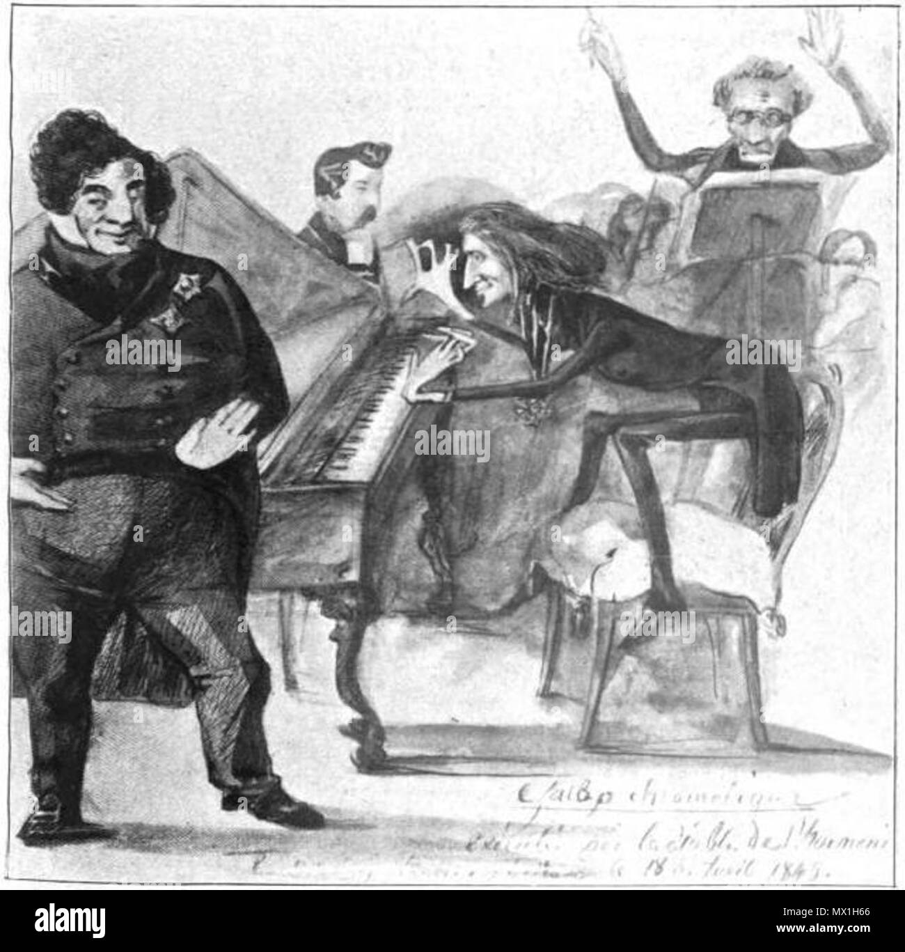 Le 'Galop chromatique exécuté par le diable de l'Harmonie'. Caricatura  anonyme. Liszt au piano, derrière lui au pupitre, François-Antoine Habeneck  et au premier plan, le chanteur Luigi Lablache. 18 de abril