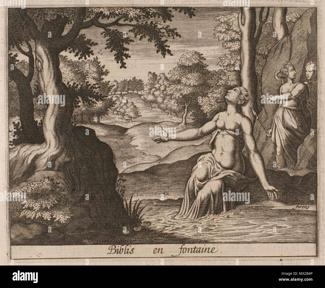 . Inglés: Nicolas, Renouard. Les Metamorphoses d'Ovide Traduites en prosa, Francoise et de nouveau, avec reveues soigneusement XV. Discours 1651. Byblis cambió en una fuente: después buscando Caunus por doquier, Byblis en última yace, bañado en lágrimas, y se transforma en una fuente (Ovidio, Metamorfosis IX, 663). IllustrationNo: 76 [1] . 1651. [La metamorfosis. Francés] Ovidius Naso, Publius (firens) 462 Las Metamorfosis de Ovidio - Biblis en Fontaine Foto de stock