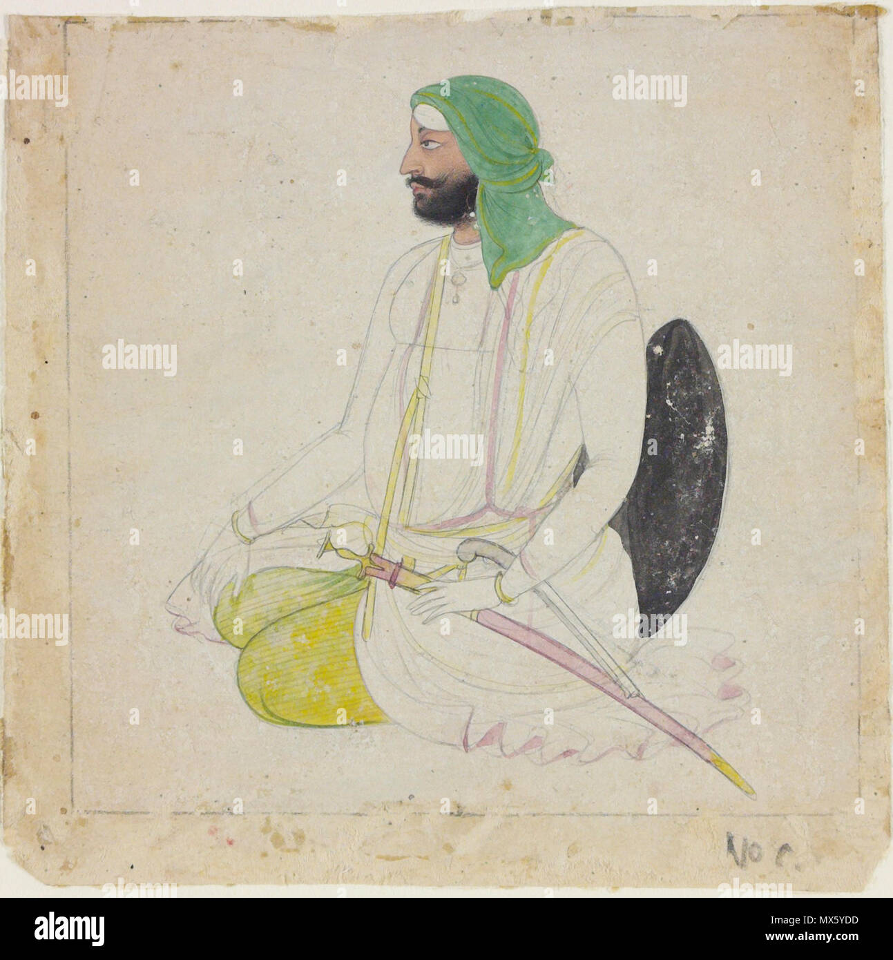. Inglés: Este dibujo realizado en tinta sobre papel está ligeramente pintados del color de la carrocería y las fechas a c. 1835-45. Ella representa un sij sardar, un título originalmente significa 'Cacique' o 'Cacique' en persa, pero que llegó a ser utilizado de forma rutinaria para los hombres Sikh de cierto rango. El retrato fue probablemente hecho en Lahore o Amritsar, las principales ciudades del reino Sikh establecida por el Maharajá Ranjit Singh en 1801 y que sobrevivió hasta el Panjab fue anexada al Imperio Británico en 1849. El Panjab (literalmente "cinco ríos") fue posteriormente dividido en dos tras la partición del subcontinente indio en 1947 Foto de stock