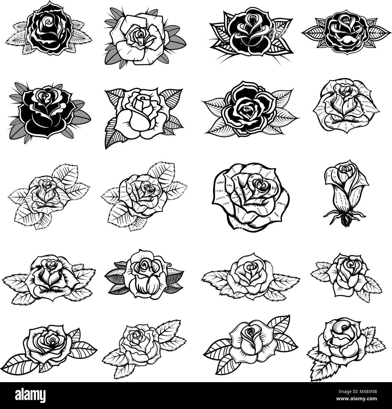 Conjunto de estilo tatuaje rosas ilustraciones. Elemento de diseño para firmar, monograma, la etiqueta, el cartel, tarjeta. Imagen vectorial Imagen Vector de stock - Alamy