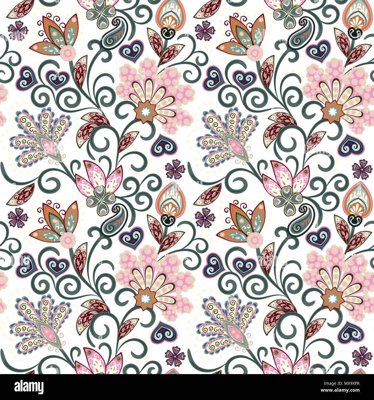 Patrón Vintage estilo batik de la India. Antecedentes vectoriales dibujar a  mano con motivos florales. El rosa y el beige pastel azul sobre blanco  Imagen Vector de stock - Alamy