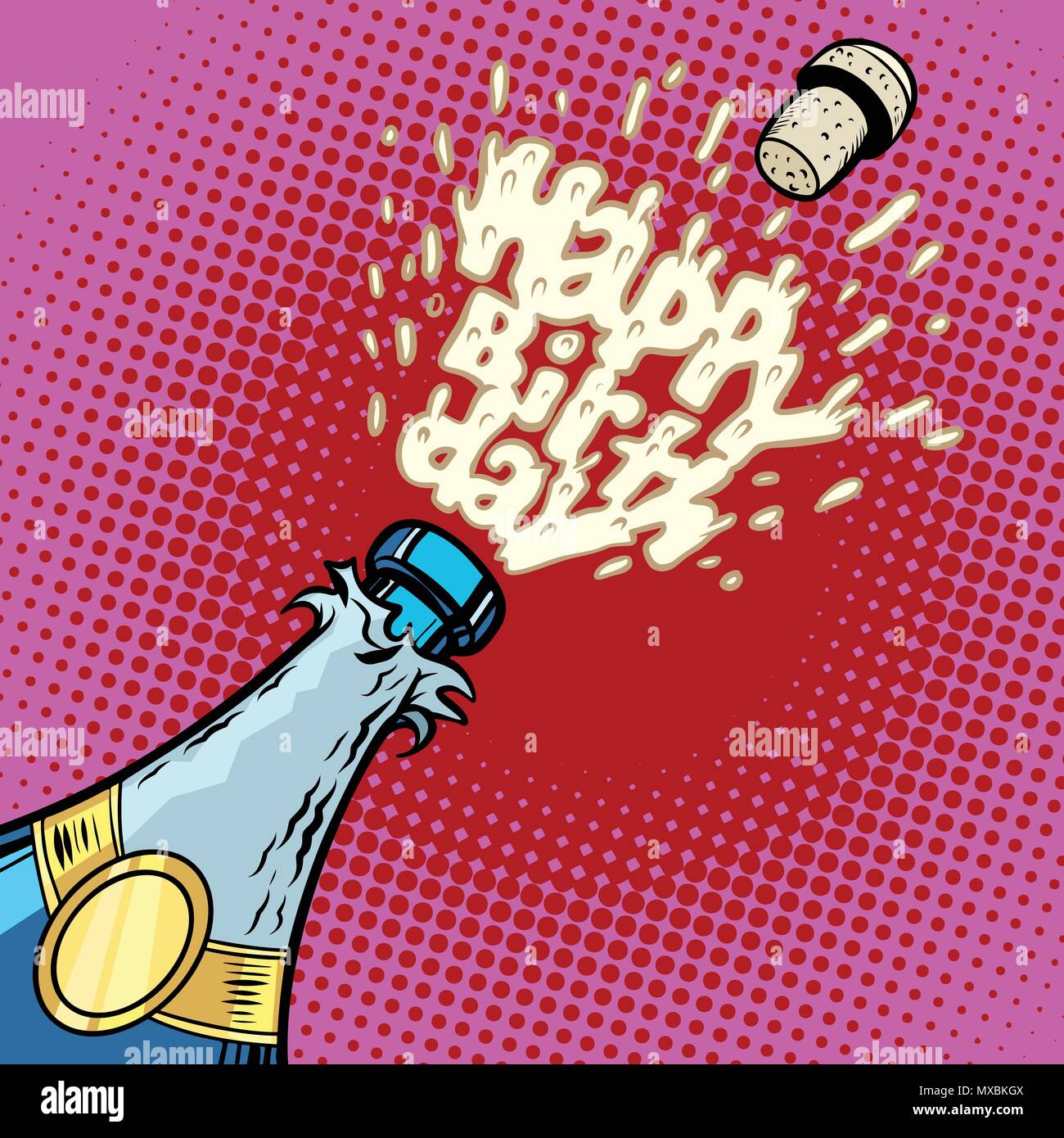 Feliz cumpleaños. Botella de champán se abre, espuma y Cork. Comic cartoon pop art ilustración vector vintage retro kitsch dibujo Ilustración del Vector