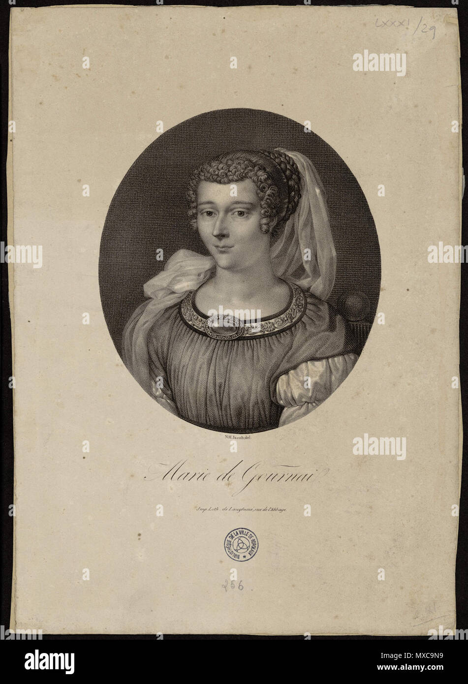 . Français : Lithographie réalisée au 19e siècle. Retrato en buste médaillon, ne, tourné vers la gauche. 41,6 x 28,8 cm . El 4 de abril de 2016. 399 Lithographe Langlumé , Marie de Gournay-1 Foto de stock