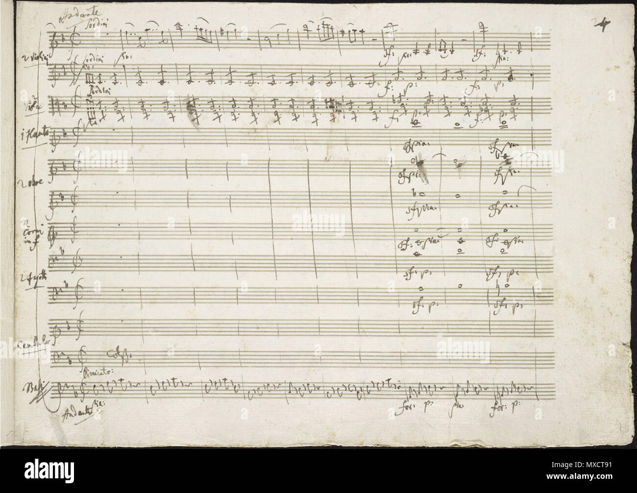 Inglés: la apertura del segundo movimiento del concierto para piano de  Mozart nº 21, K. 467, de Mozart la escritura a mano. 9 de marzo de 1785.  Wolfgang Amadeus Mozart (1756-1791)