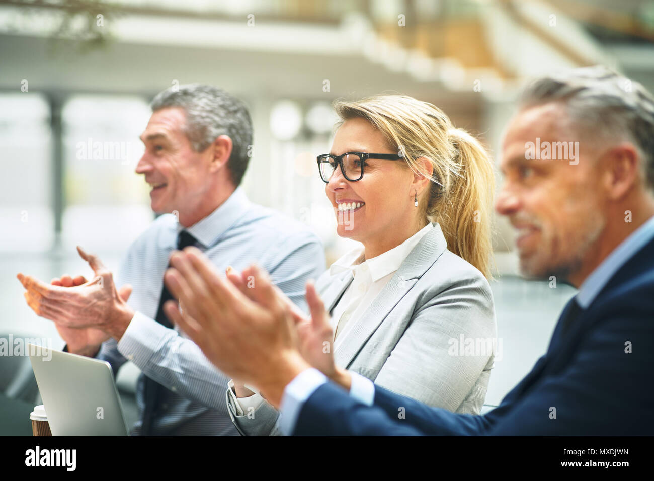 Grupo maduro de empresarios sentados juntos en una mesa en una moderna oficina sonriendo y aplaudiendo después de una presentación Foto de stock