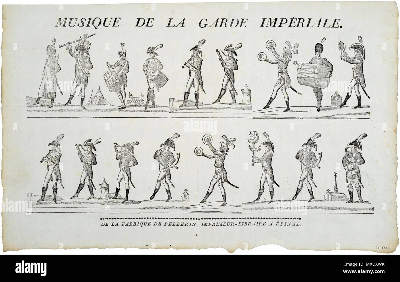Français : Musique militaire sous le 1er Imperio, imagen d'Epinal. Les  percusiones (Caisse roulante, grosse caisse,